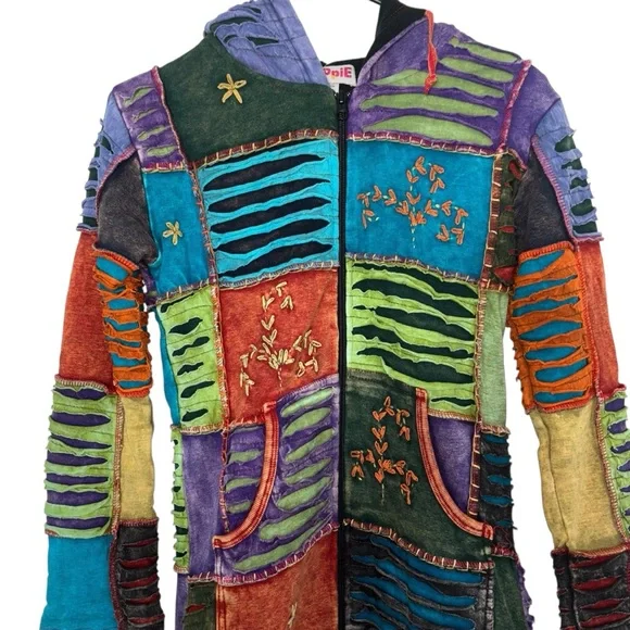 EzHippie Womens Size Small Patchwork Long Sweater Jacket Multi-Color Fully Lined - Picture 6 of 10